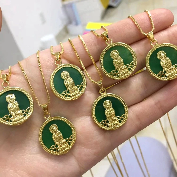 

china hot selling fashion lucky 18k gold plated jade guanyin pendant green around necklace