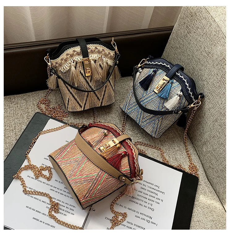 

Woven handbags 2021 new retro large wind bucket bag Southeast Asia straw woven shoulder bag hit color tassel crossbody handbags, 11 colors