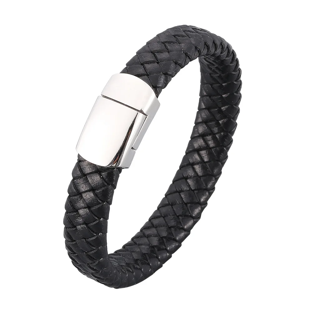 

High Quality Genuine Men Stainless Steel Bangle Father Minimalist Bracelet Leather, Black,silver clasp,customized color