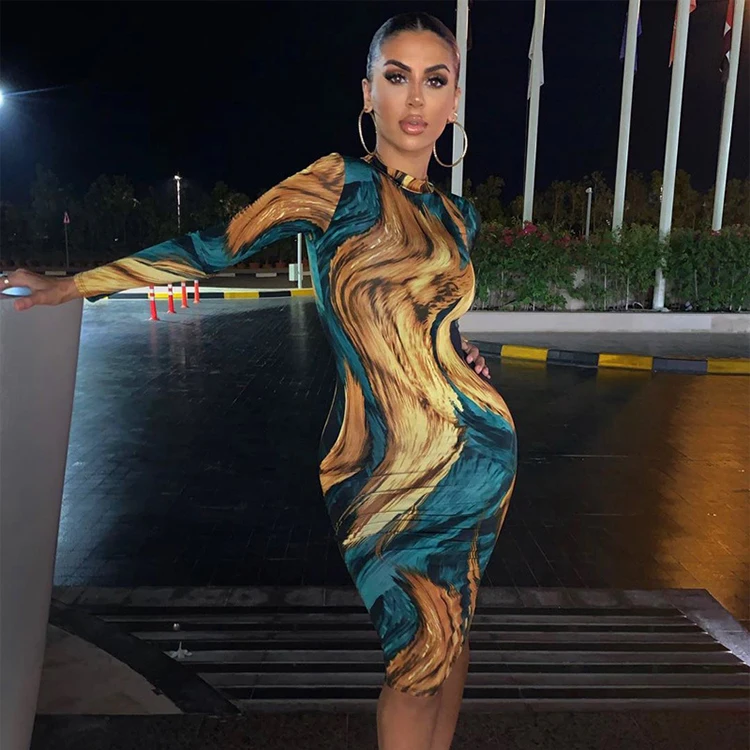 

Vintage Printed Stand Collar Bodycon One Piece Female Dresses, Green