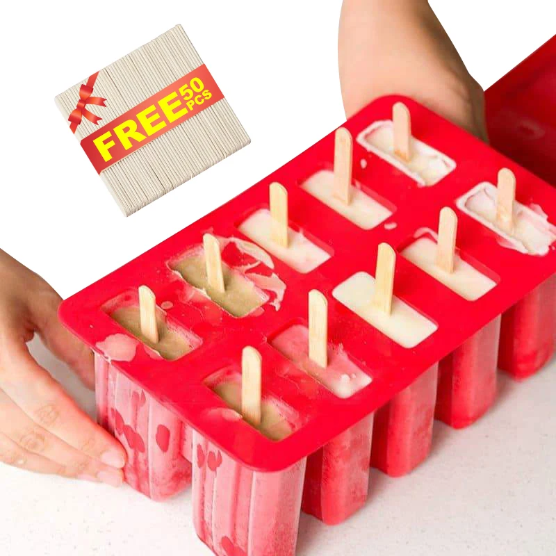 

10 Cavity Soft Food Grade Silicone Homemade Ice Popsicle Mold DIY Freezer Ice Cream Mold with 50pcs Wooden Sticks, Red/pink/white/ customize any pantone color