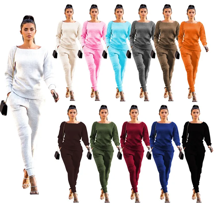 

Autumn Long Sleeve Pencil Pants Ribbed Knit Two Piece Set Plus Size Two Piece Set Casual Two Piece Sets Womens Jogging Outfits