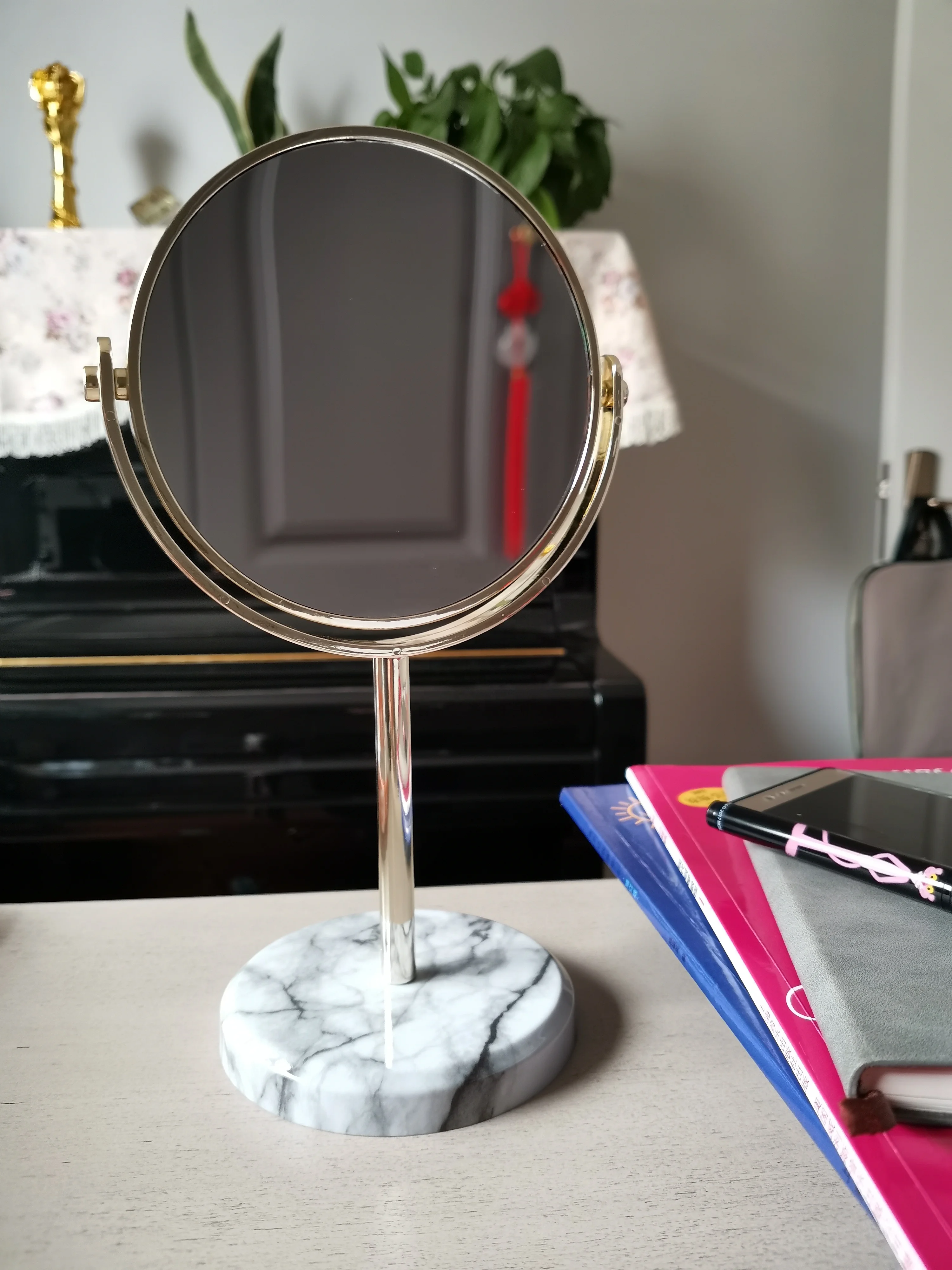 Modern Marble Mirror Tabletop Dual Sided Swivel Magnification Makeup