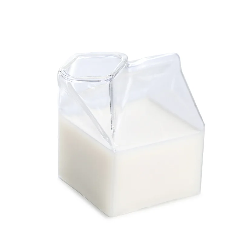 

shoutao customized cute mini milk carton shaped juice coffee drink water cups bpa free reusable 8oz clear glass milk carton cup