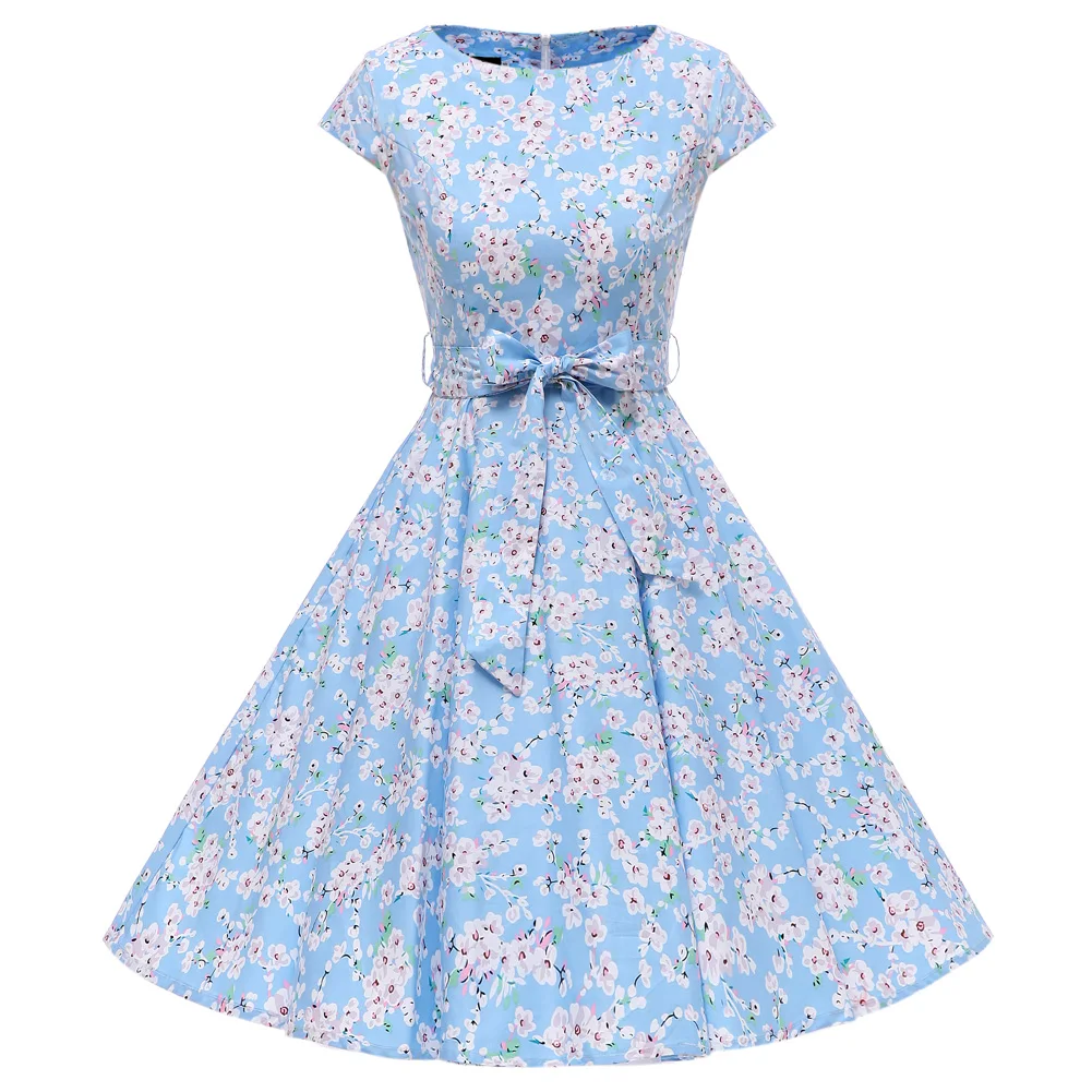 

2021 Women Elegant Cotton Floral A Line Dress VD0781 High Waisted Short Sleeve Retro Vintage Printed Party Clothing For Ladies