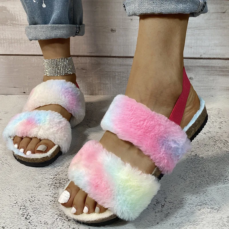 

New fashion high-end high-quality colorful fur sandals women's casual flat-bottomed outer wear thick-bottomed fluffy ladies fur, Blue, rainbow, leopard, beige leopard