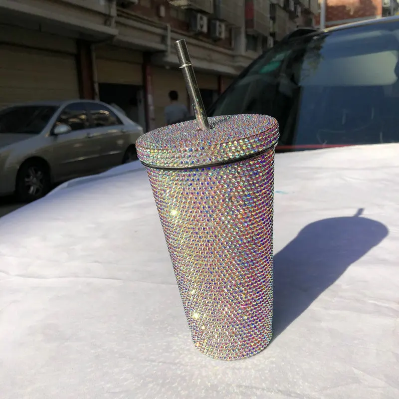 

Wholesale 500ml Diamond Water Bottle Rhinestone 304 Stainless Steel Thermal Insulated Glitter Water Thermos Cup With Straw