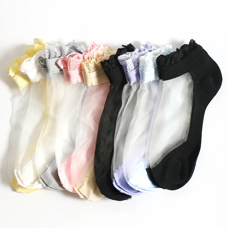 

Fashion Summer Breathable Crystal Sheer Thin Transparent Silk Lace Ankle ladies Socks, Black
