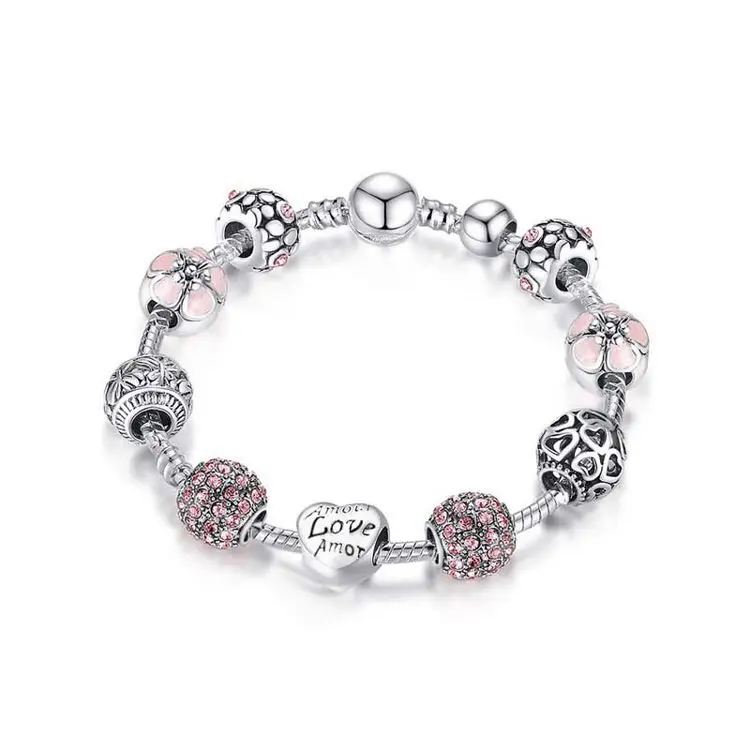

New Antique Silver Charm Love and Flower diy diamond Bead Bracelet & Bangle Women Wedding Jewelry