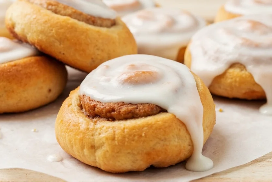 Finished quick cinnamon rolls with glossy icing drizzled over golden brown rolls