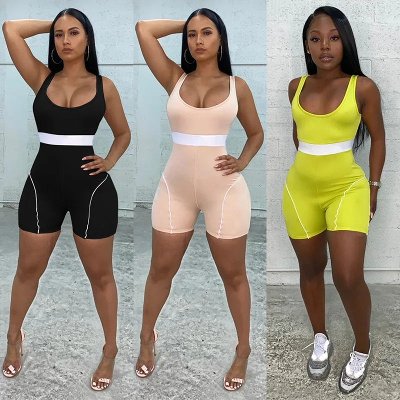 

2021 Wholesale casual summer patchwork sweat bodycon ladies custom short jumpsuits for women one piece bodysuit, Photos show