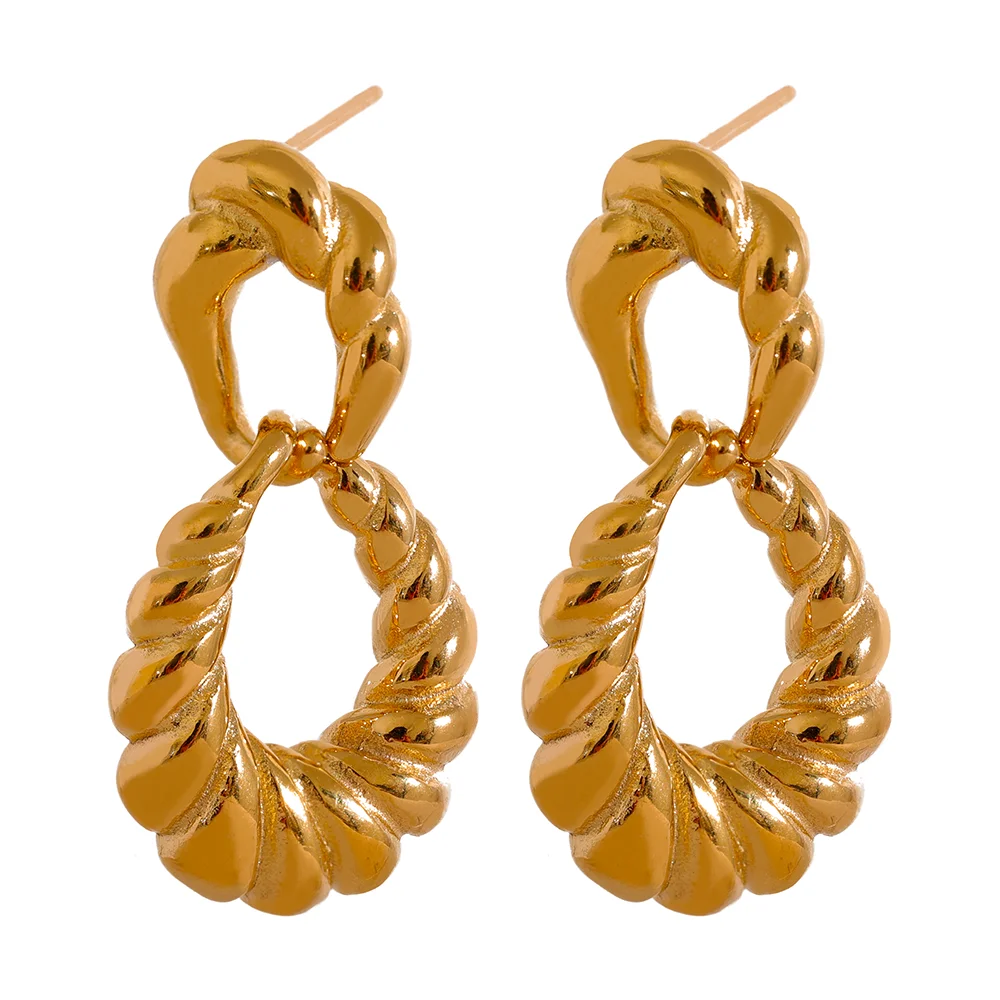 

JINYOU 1374 High Quality Textured Cast 18k Gold Stainless Steel Geometric Twisted Drop Earrings Women Statement Texture Jewelry