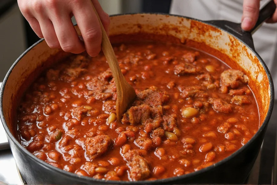 Chef stirring a large pot of chili with beans, showing rich red color and visible beans and meat chunks
