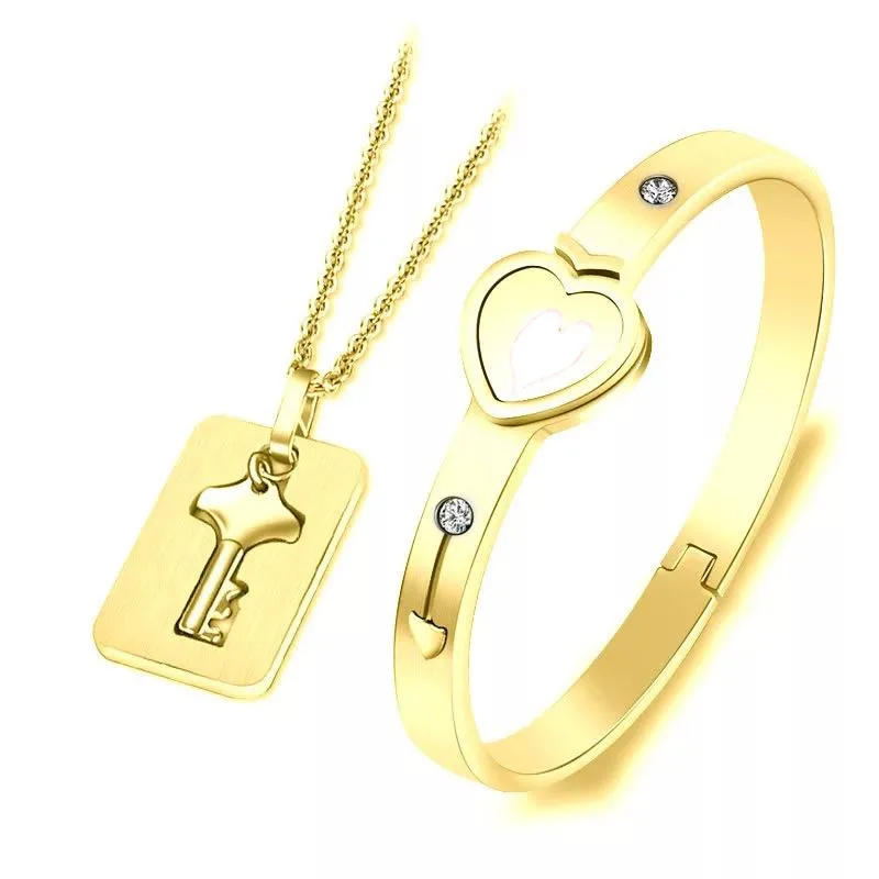 

Fashion Stainless Steel Love Heart Square Lock Bracelets Bangles Key Pendant Necklace For Lovers Couple Jewelry Sets, Silver