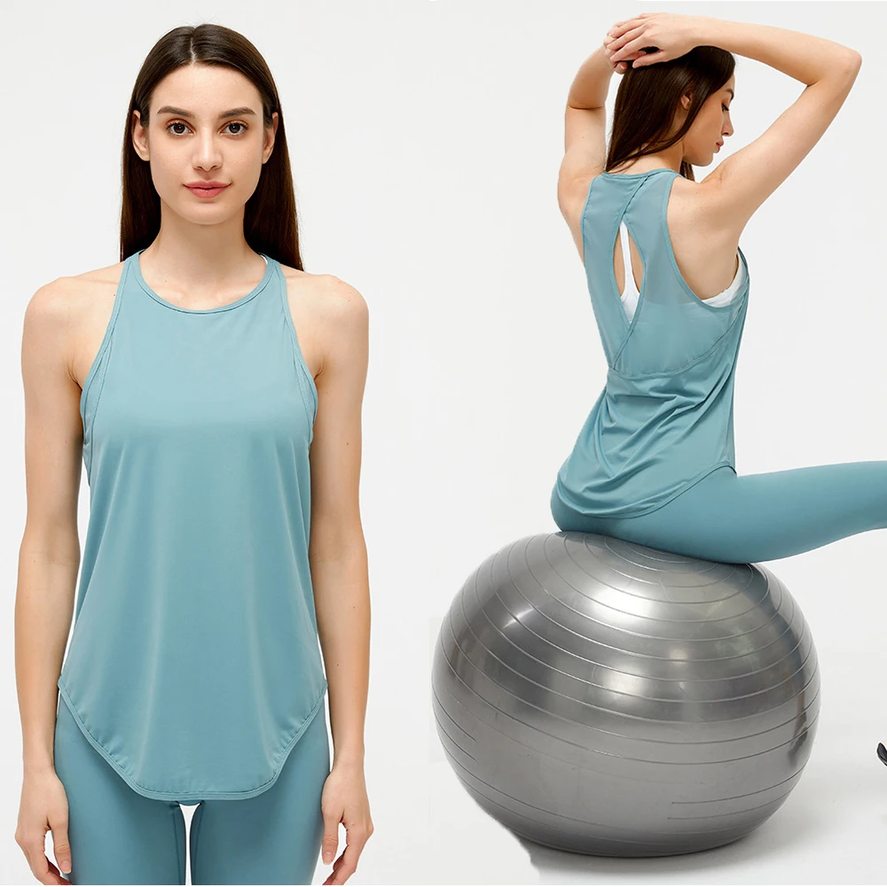 

2021 Summer new loose breathable Fitness Yoga sleeveless tank top back hollow splicing mesh lightweight quick drying sports vest
