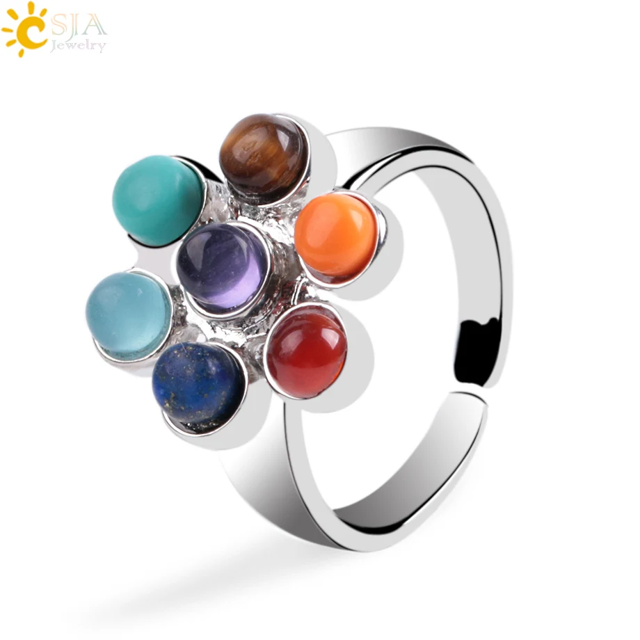 

CSJA natural crystal 7 chakra women adjustable ring reiki energy jewelry E042