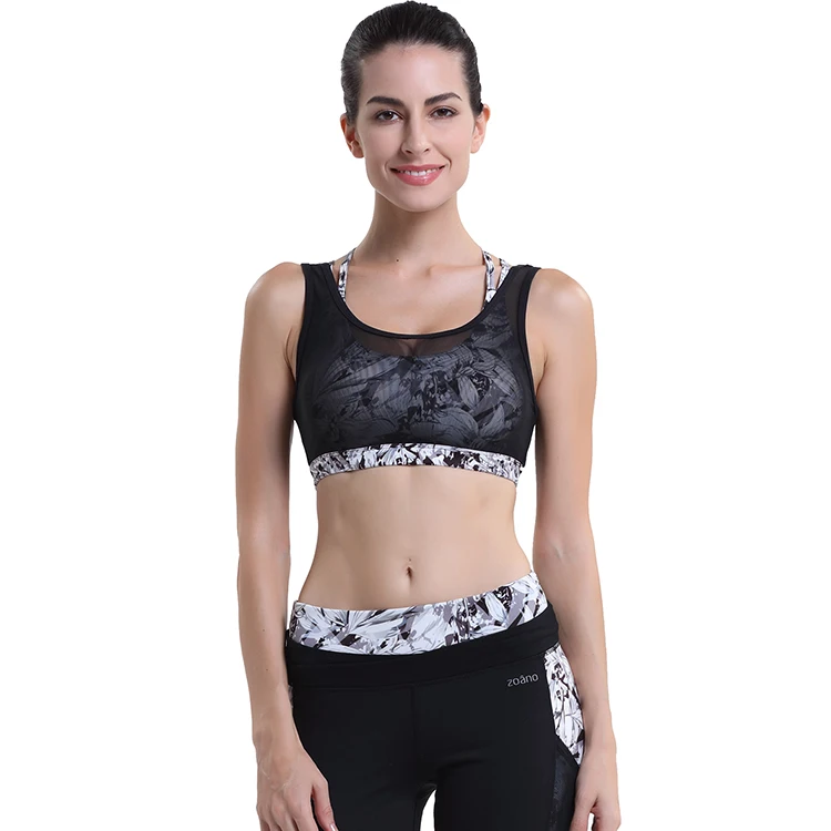 

2020 sexy sublimated transparent yoga bra women spider net back Strap removable cup Sports Bra Set, Customized colors