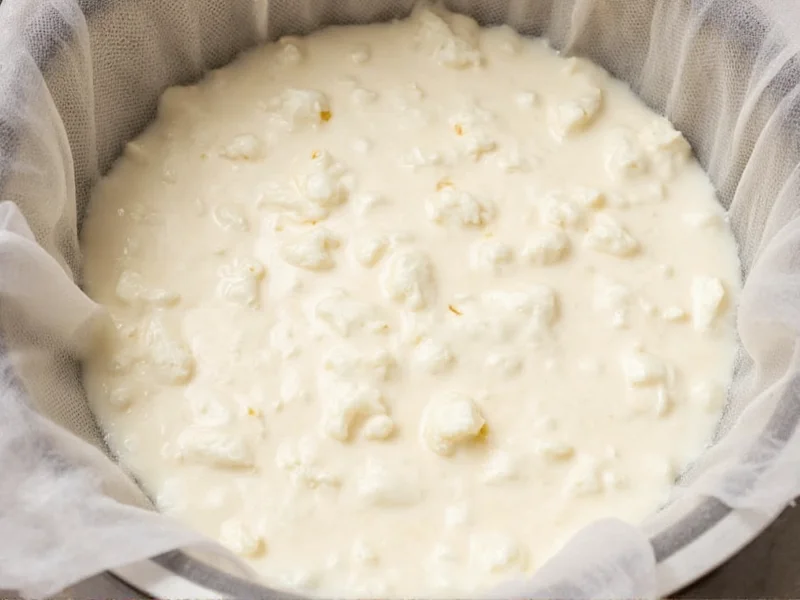 Straining fresh ricotta cheese through cheesecloth