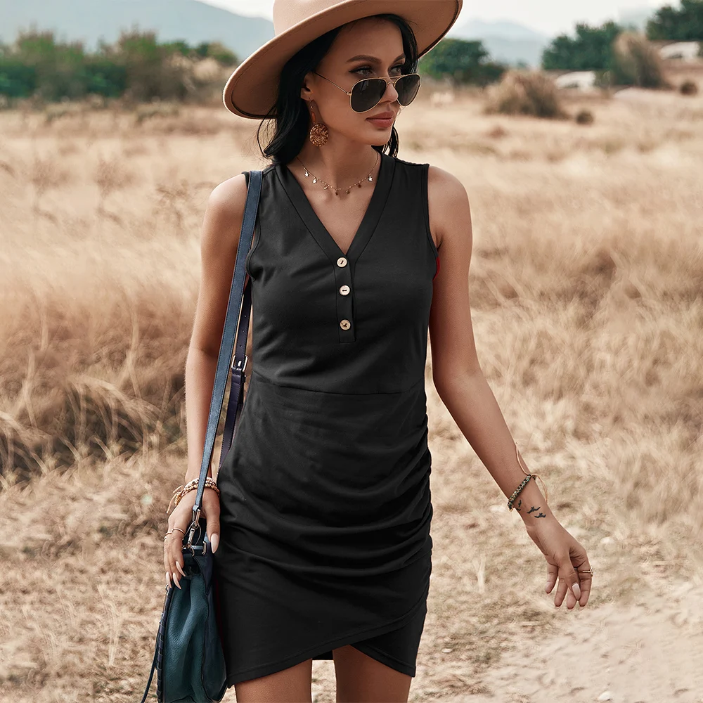 

2021 fashion stylish sexy sleeveless beach trendy casual girls women ladies spring bodycon summer v neck short dress shirts, Picture color