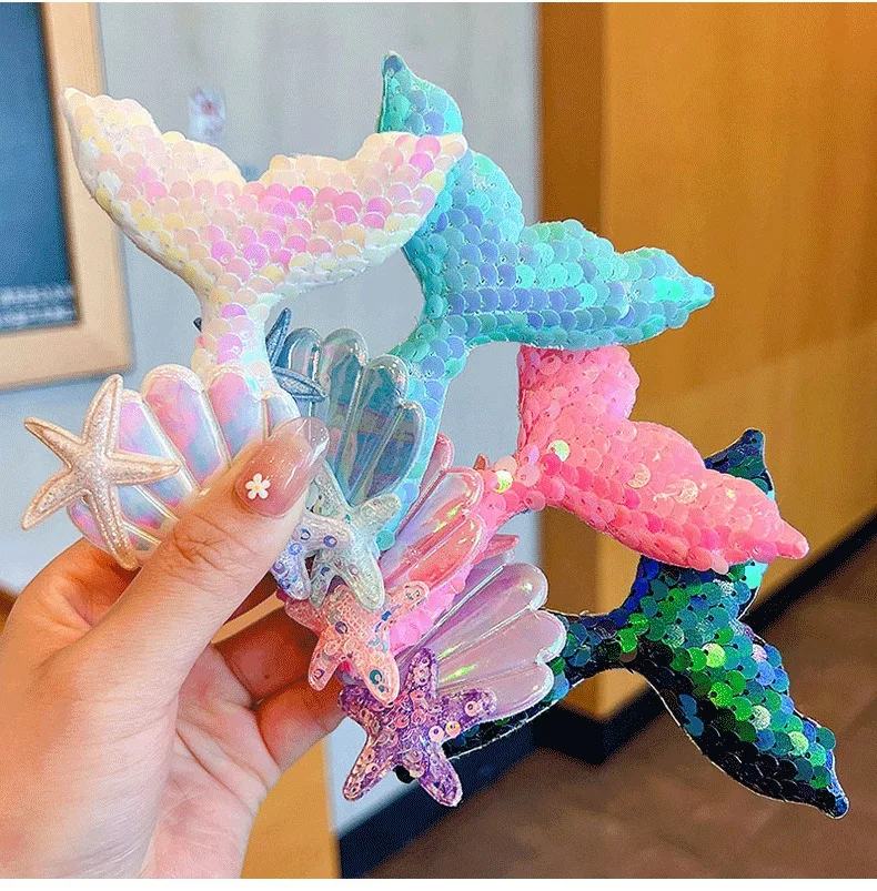 

SAYOUNG Korean Glitter Fresh Fashion Korean New Starfish Shell Mermaid Bright Children's Fabrics Hair Clips Hair Accessories