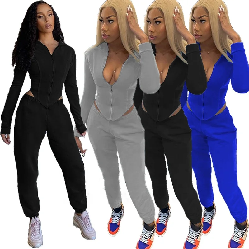 

2020 Zip Up Corset Tracksuit For Women Two Piece Hoodie And Sweatpants Set