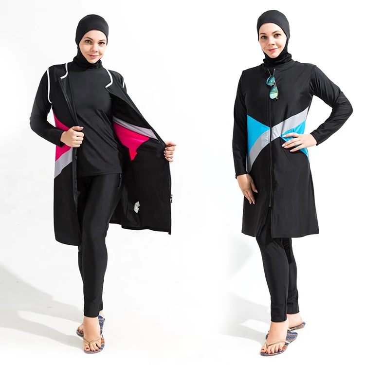 

MOTIVE FORCEModest burkini Muslim Swimsuit Patchwork Zip up Sleeveless Outfit + Long Sleeve Tshirt + Long Pants + Hijab 4pcs/set