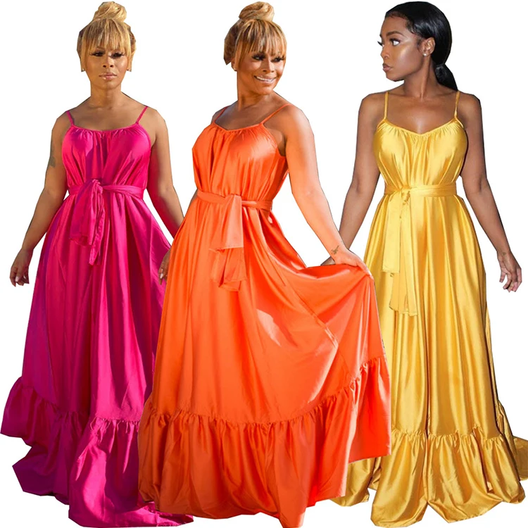 

2020 Summer Dresses Sexy Women Satin Spaghetti Slip Sleeveless Casual Ladies Maxi Long Dresses