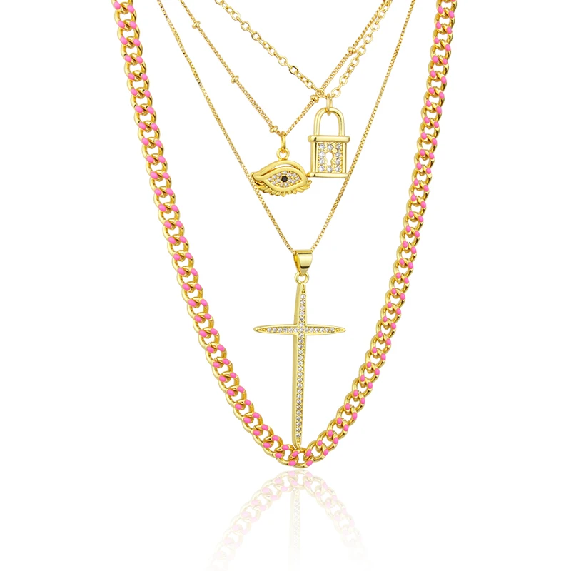 

Hot Sale Religious Series Combination Necklace Women Copper Gold Plated High Quality Cross Clavicle Chain Jewelry, Gold color