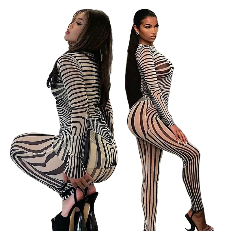 

2021 Fall Spring Sexy 2 Piece Set Pants O-collar Long Sleeve Night Club Translucent Meshed Striped Skinny Sets Women Clothing