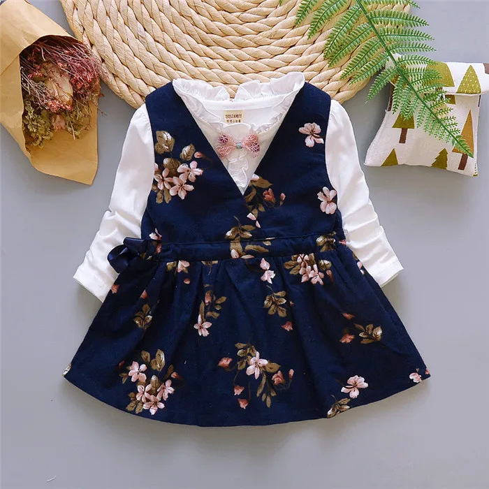 

Wholesale Korean Style Sweet Clothes 2 Piece Sets Floral Baby Girls Strap Back Dresses For Kids, As picture