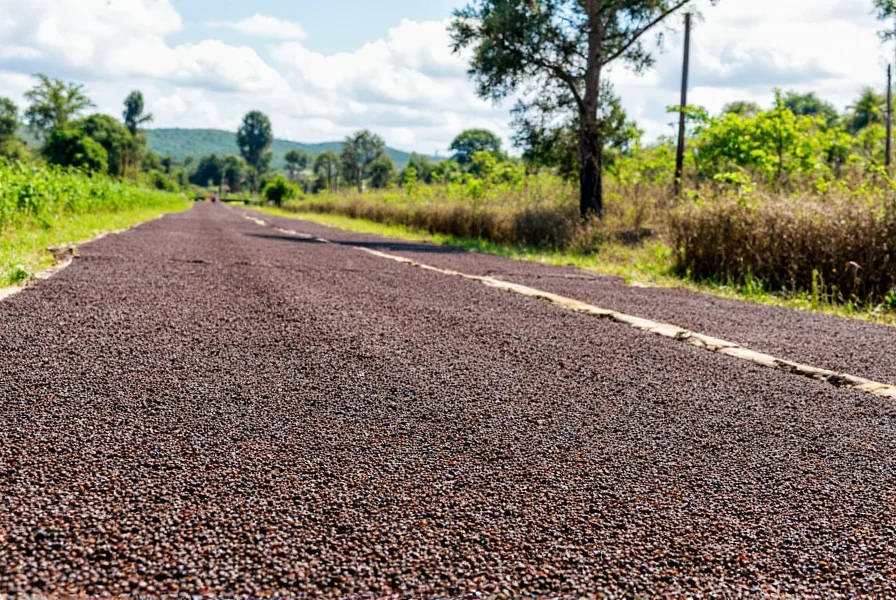 Traditional sun-drying process of black peppercorns on large mats in tropical farm setting