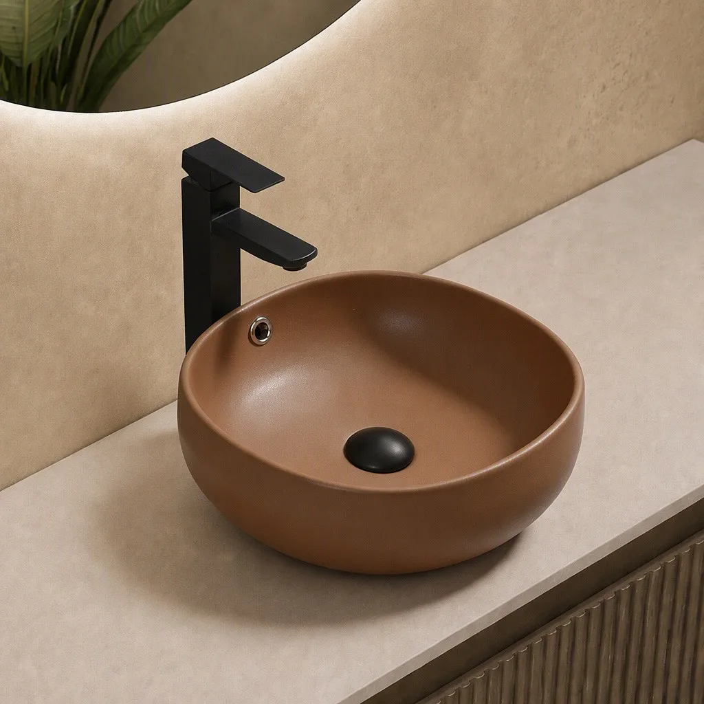 colored-porcelain-bathroom-sinks-9848-MT-005-convex-barrel-matte-camel-basin-rear-overflow-matte-black-mixer colored-porcelain-bathroom-sinks-9848-MT-005-convex-barrel-matte-camel-basin-rear-overflow-matte-black-mixer