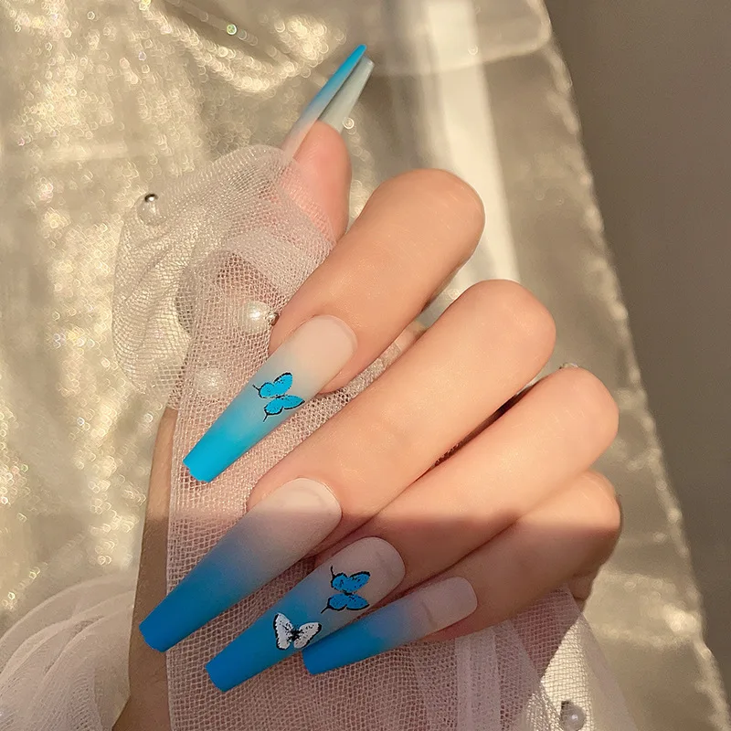 

2022 new style butterfly blue and white color ombre press on nails matte fakenails frosted blue butterfly coffin press on nails