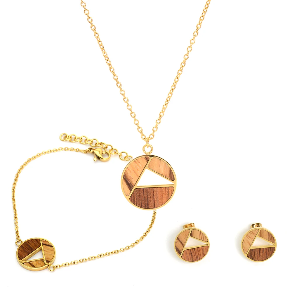 

Fashion Gold Womens Jewelry 2021 Wood Pendant Cheap Price Earring Bracelet Necklaces Women Jewelry Sets