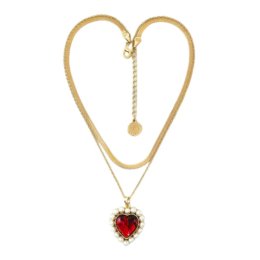

Wholesale Hot Sale snake link chain red crystal heart pearl gold plated pendant necklace for women