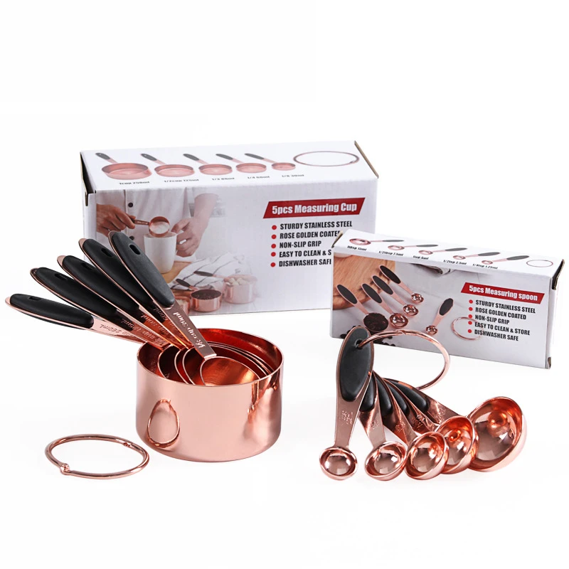 

Rose Gold Stainless Steel Measuring Cups and Spoons Set with Colored Silicone Handle