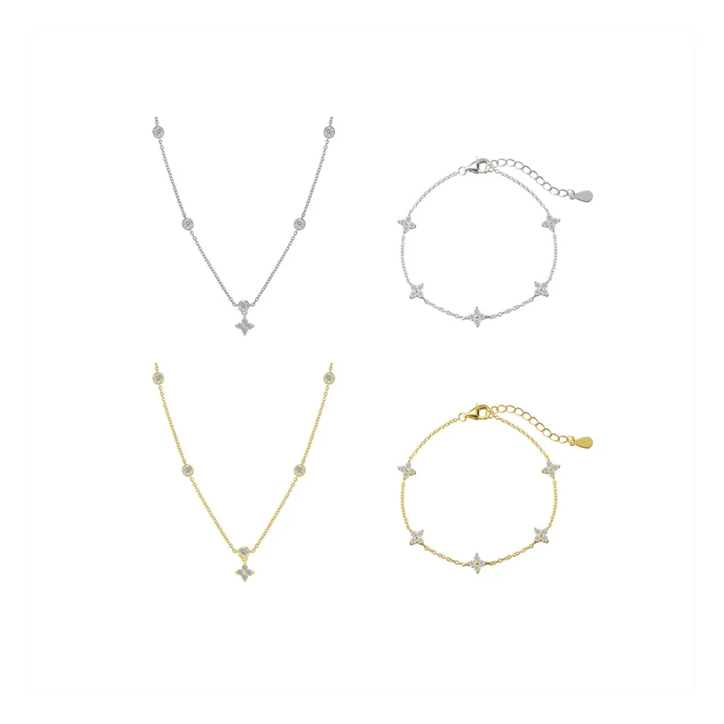 Hot 925 Sterling Silver Fashion Flower Four Leaf Clover Necklace Bracelets Bangles Jewelry Sets for Women