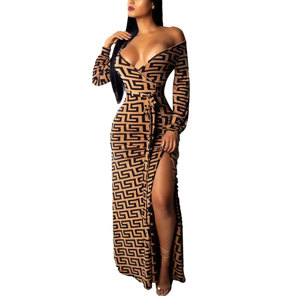 2019 Latest Design Autumn Fashion High Fork Women Sexy Party Bodycon Dress Long Maxi Dress Long Sleeve