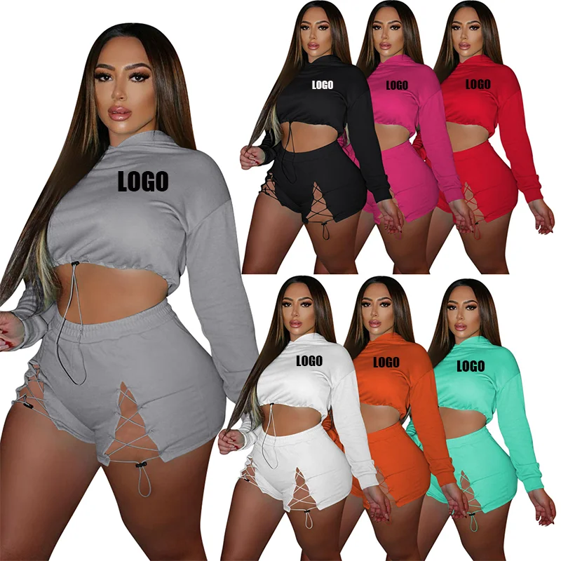 

CLS1213-2 casual cloth drawstring crop top custom shorts sweatsuit tracksuit summer women outfits 2 piece set