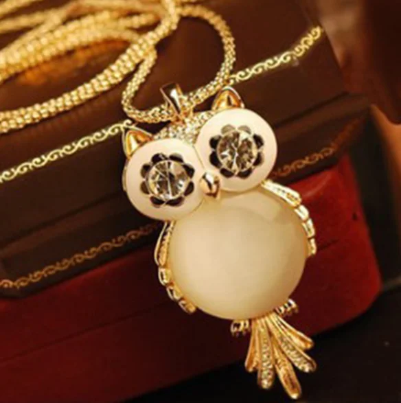 

00269-10 Women's Long Chain Sweater Necklace with Owl Stone Pendant for Wholesale