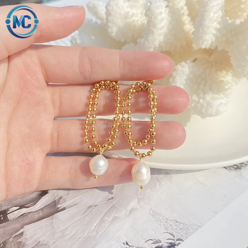 

2021 Temperament Fashion Women Jewelry Double Bead Chain Earrings 18K Gold Freshwater Pearl Earrings, Gold,silver