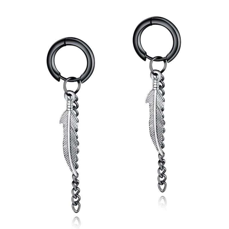 

Korean Titanium Steel Hoop Earrings For Women Hip Hop Vintage Black Feather Chain Tassel Drop Earring (KSS226), Same as the picture