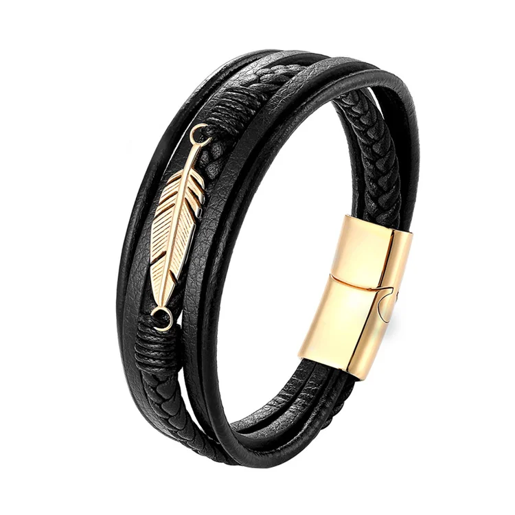 

New Trendy Leather Stainless Steel Multilayer Braided Rope Men Women Feather Punk Bracelets Jewelry, Picture