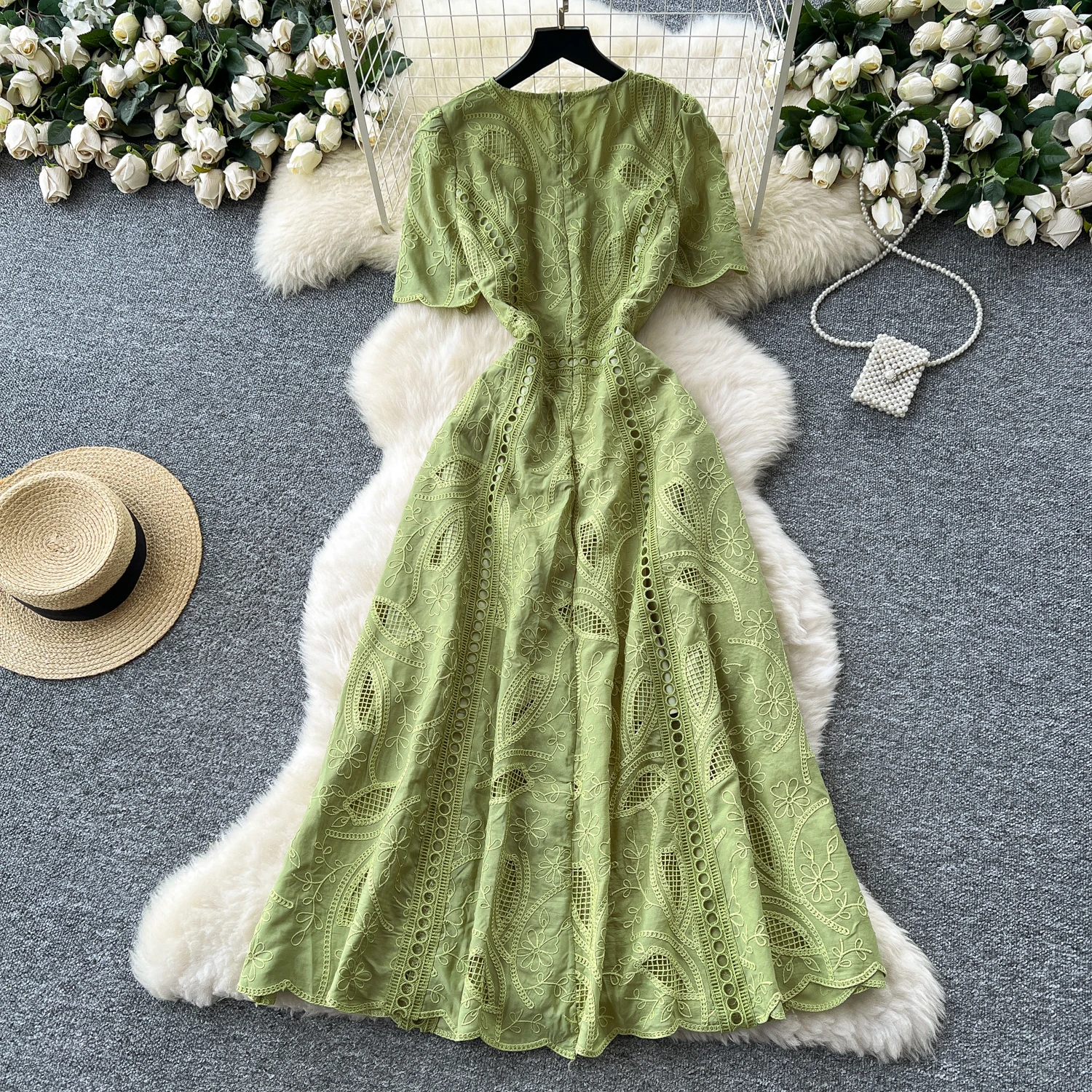 Elegant Embroidered Midi Dress Waist Tie