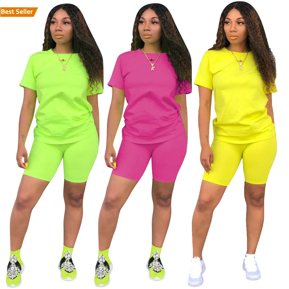 

Hot Selling New Design 5 Colors Casual Sport 2 Piece Set Women Clothing Pants Suit Set Wholesale Two Pieces Biker Shorts Set