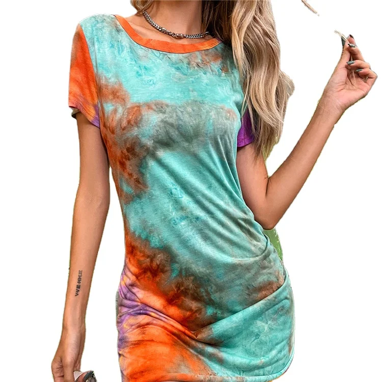 

Tie Dye Print Short Sleeve Slim Skinny Vestidos De Festa Summer Daily Trendy Clothing 2021 Patchwork Women Club Dresses Sexy