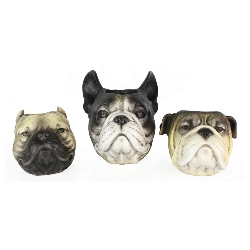 Hot selling resin animal  dog head statue  desk decoration small vase for dry flower factory