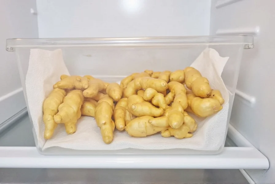 Fresh ginger root stored in airtight container with paper towel in refrigerator