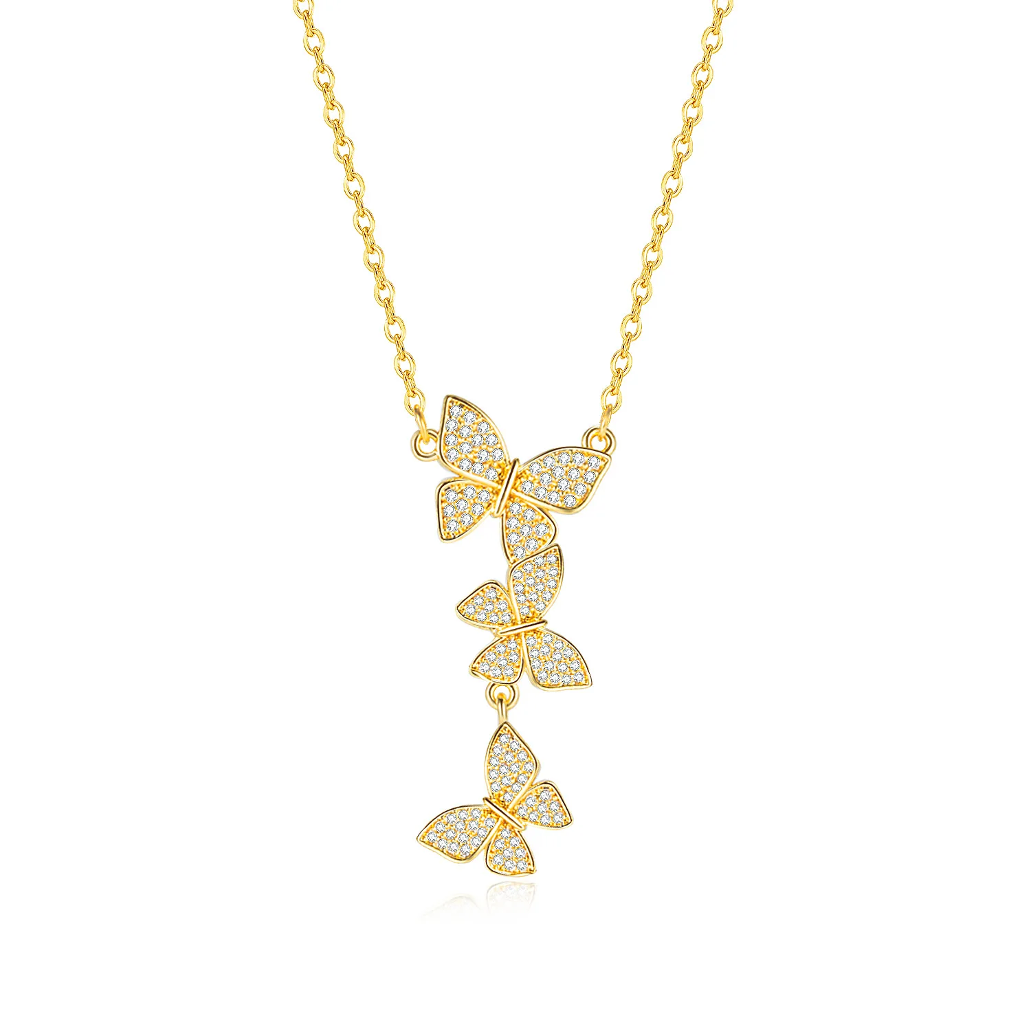 

Fashion Brass Gold Plated Full of Zircon Three Butterfly Pendant Charm Necklace For Girls Women Accessories Jewelry