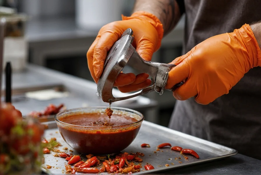 Chef carefully measuring tiny amount of scorpion chili powder into a sauce with precision tools and safety gloves